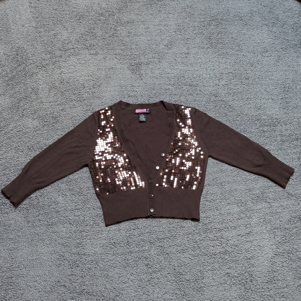 Sequined 3/4 Sleeve Crop Top Cardigan Sweater
